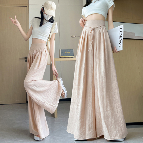 Ice silk cotton and linen fluttering wide-leg trousers for women's summer thin style new high-waist drape lazy style casual long culottes