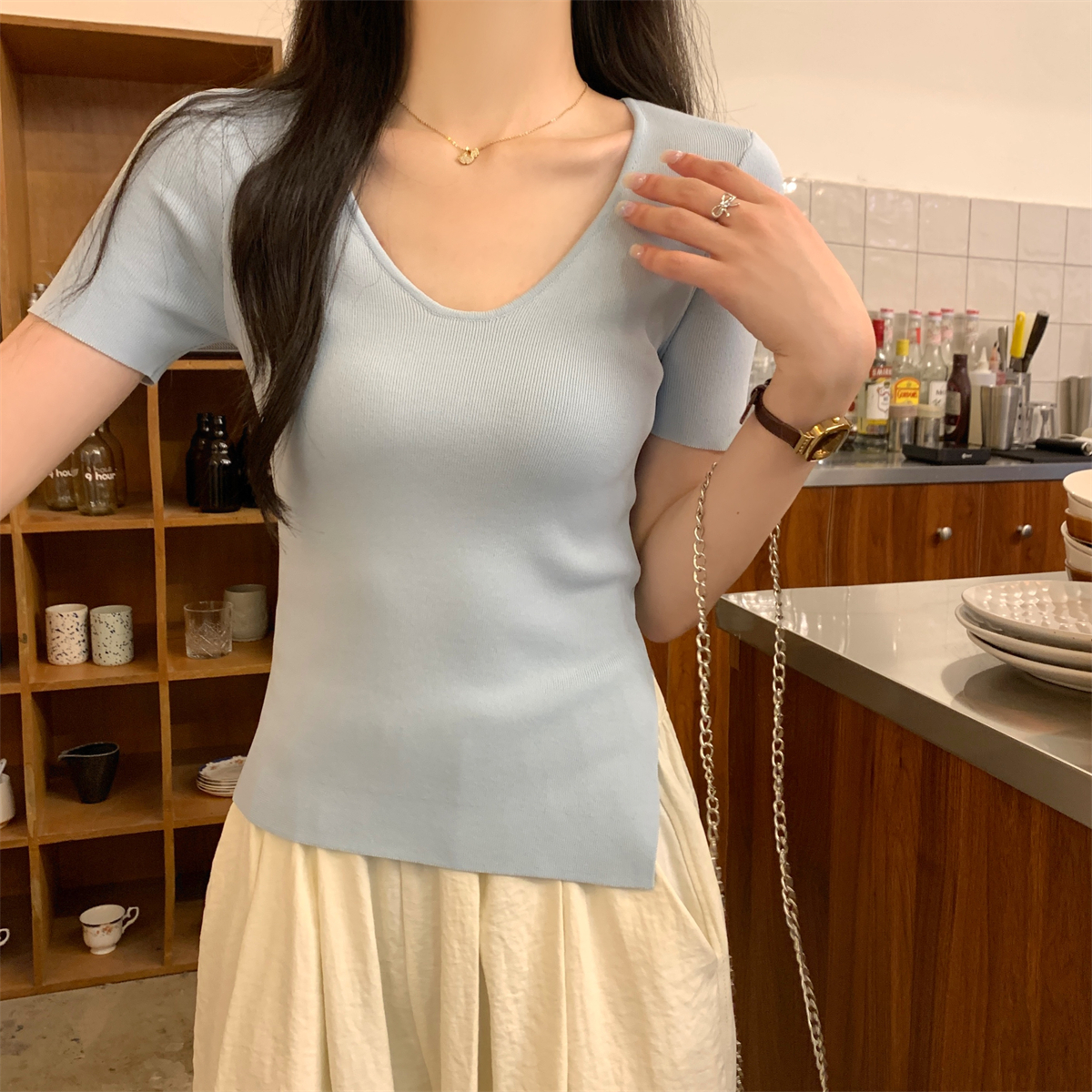 Photographed Summer Korean Style Slimming V-Neck Elegant Side Slit Versatile Slimming Solid Color Knit Short-Sleeve Top