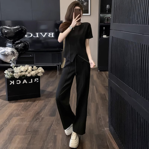 Original workmanship, small, tall, casual sports suit for women, irregular short-sleeved T-shirt, wide-leg pants, two-piece set