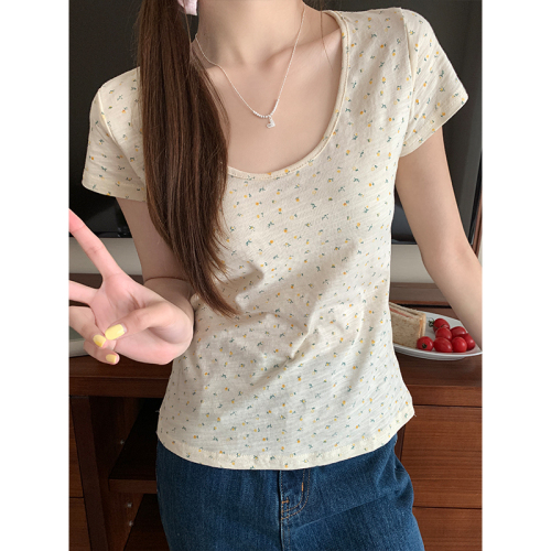 Actual shot of 2024 summer u-neck short-sleeved linen cotton micro-transparent T-shirt for women Korean version ins floral comfortable slimming bottoming top