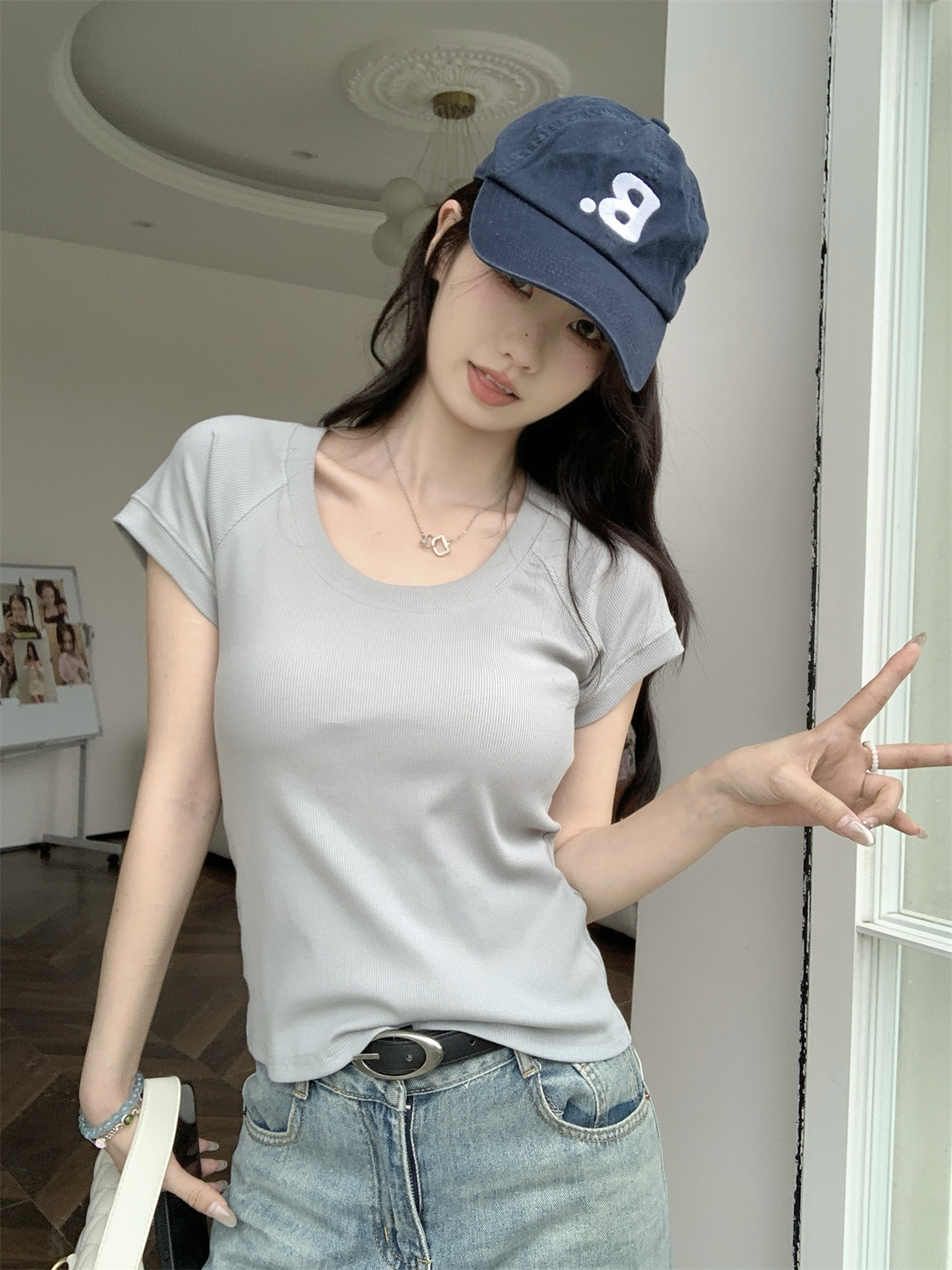 實拍 夏季韓版百搭氣質U領插肩簡約百搭純棉短袖T恤上衣
