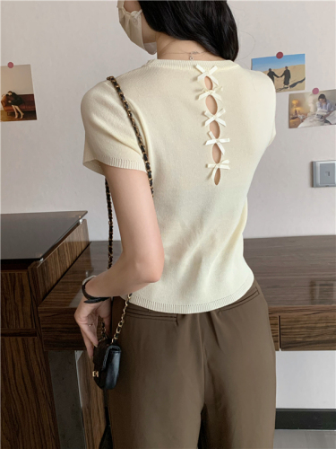 Real shot striped back hollow bow ice silk short-sleeved T-shirt high-end slim knitted sweater top