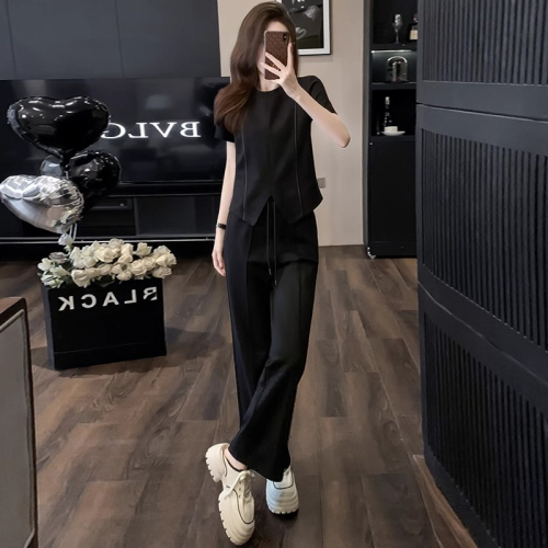 Original workmanship, small, tall, casual sports suit for women, irregular short-sleeved T-shirt, wide-leg pants, two-piece set