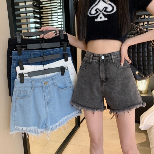 Summer new denim shorts for women, Korean version, high-waisted, loose, slim, A-line, raw edges, versatile wide-leg pants for students