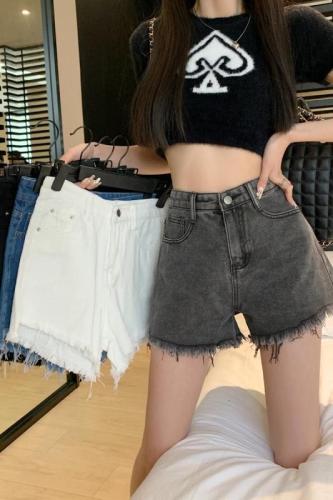 Summer new denim shorts for women, Korean version, high-waisted, loose, slim, A-line, raw edges, versatile wide-leg pants for students