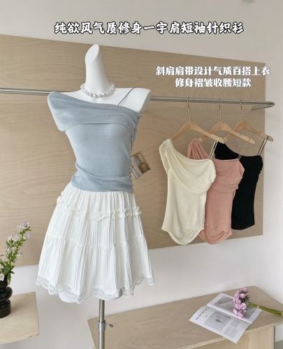 Actual shot ~ 2024 new summer style solid color off-shoulder suspender top for women pure lust style slim knitted ice silk thin