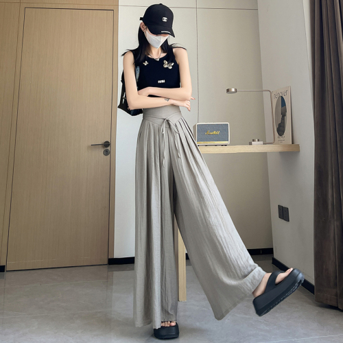 Ice silk cotton and linen fluttering wide-leg trousers for women's summer thin style new high-waist drape lazy style casual long culottes