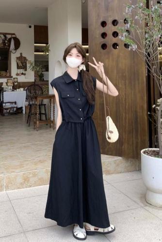 Actual shot of 2024 new summer style sleeveless work shirt top for women + large swing loose long skirt two-piece suit