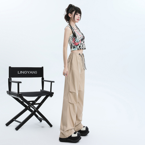 Real shot of summer cool khaki overalls for women, three-dimensional tailoring, slimming, loose yuppie pants, wide-leg pants