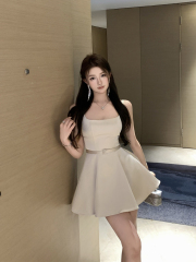 Real shot of retro sexy high-end satin waist slimming suspender dress puff skirt for women