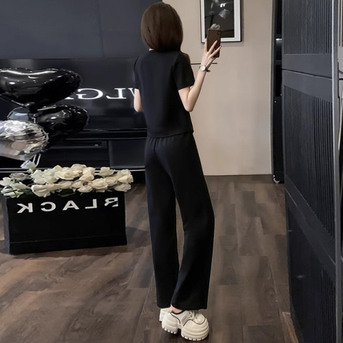 Original workmanship, small, tall, casual sports suit for women, irregular short-sleeved T-shirt, wide-leg pants, two-piece set