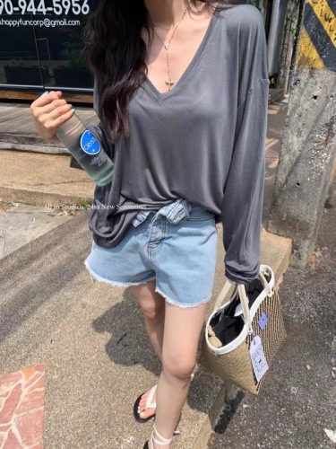 ALL IN Genuine white thin slightly see-through v-neck leaky shoulder long-sleeved T-shirt women's summer loose sun protection blouse top