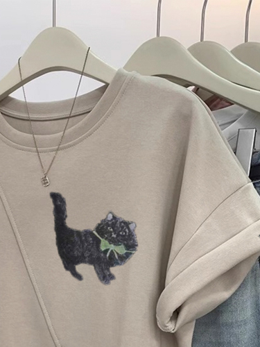 猫咪印花正肩短袖t恤女夏季设计感小个子不规则宽松上衣纯棉230克