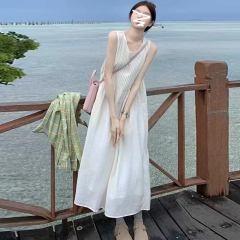 French white camisole strap dress for children, spring and summer 2024 new beach vacation temperament sleeveless long dress