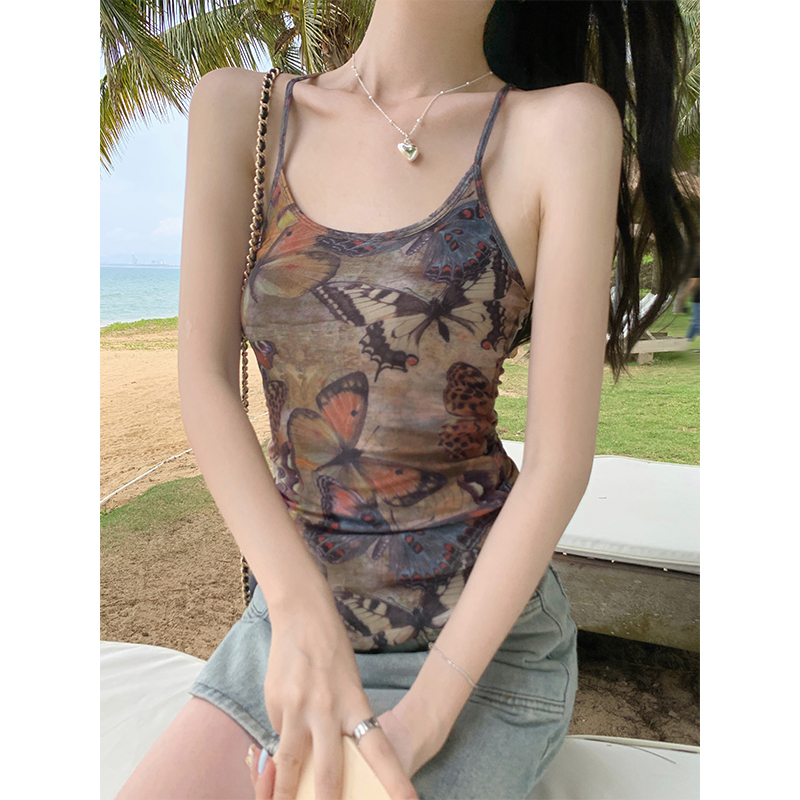 實拍純欲風掛脖蝴蝶印花吊帶女夏季性感緊身收腰顯瘦上衣