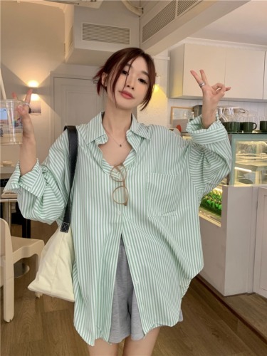 Actual shot of salt-based shirt for women, Korean version, loose, slim, mid-length, striped sunscreen long-sleeved shirt