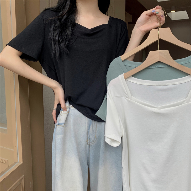實拍  真 夏季新款設計感小眾法式方領短袖T恤女上衣