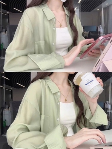 Summer Thin Shirt Top Women's 2024 New Luxury High-End Feel Sun Protection Mint Green Shirt