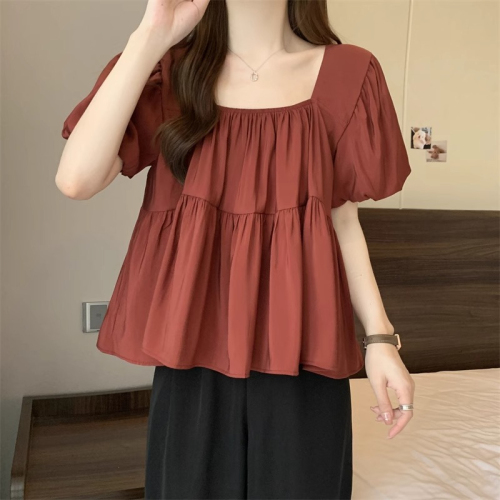 Original workmanship, large size, French square collar, short-sleeved women's summer fat mm, belly-covering, slimming, sweet puff-sleeved short top