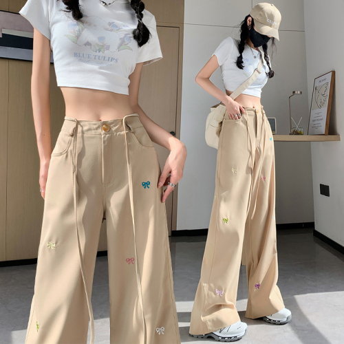 Butterfly embroidered workwear wide-leg pants for women in summer for small people, high-waisted casual straight pants, drapey floor-length trousers