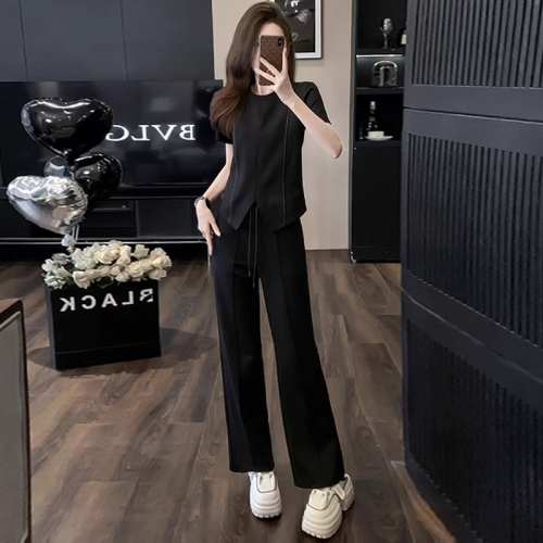 Original workmanship, small, tall, casual sports suit for women, irregular short-sleeved T-shirt, wide-leg pants, two-piece set