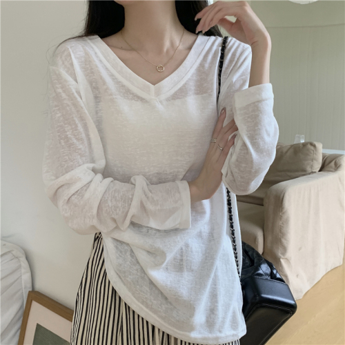 Real shot real new bamboo cotton sunscreen T-shirt women's V-neck loose slimming long-sleeved top