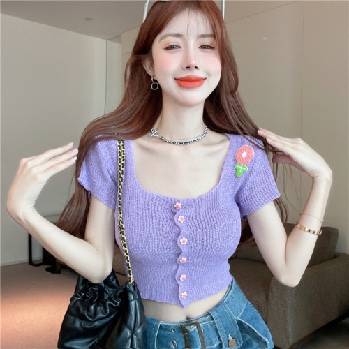 Tmall quality knitted square neck short-sleeved t-shirt design sense summer pure desire sweet hottie sexy short top