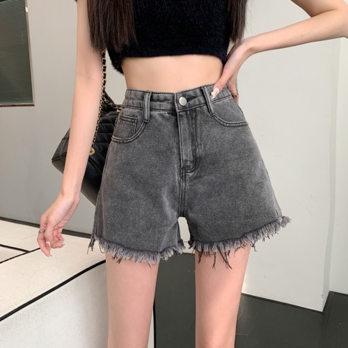 Summer new denim shorts for women, Korean version, high-waisted, loose, slim, A-line, raw edges, versatile wide-leg pants for students