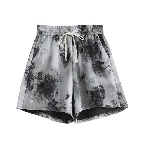 Original workmanship new Chinese style printed tie-dye shorts for women summer small high-waisted A-line wide-leg sports shorts