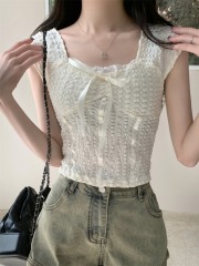 Photographed in Real Summer New Texture Design Square Collar Flying Sleeve Lace Top for Women