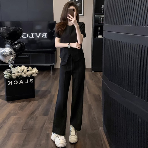 Original workmanship, small, tall, casual sports suit for women, irregular short-sleeved T-shirt, wide-leg pants, two-piece set