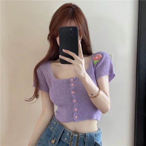 Tmall quality knitted square neck short-sleeved t-shirt design sense summer pure desire sweet hottie sexy short top