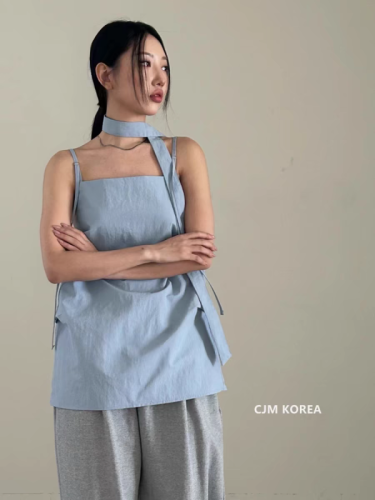 Korea 24 New Summer Clothes New Loose Pinch-pleated Square Neck Camisole with Scarf