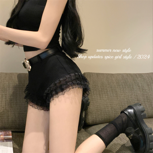 Real shot~Multi-layered lace splicing shorts for women 2024 new summer hot girl slimming black hot pants