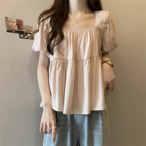 Original workmanship, large size, French square collar, short-sleeved women's summer fat mm, belly-covering, slimming, sweet puff-sleeved short top