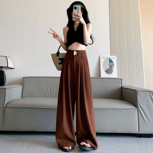 Burgundy wide-leg pants for women, high-waisted, drapey fishbone suit pants, loose slimming casual straight-leg floor-length pants