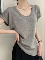 Real shot, real new summer style soft and waxy U-neck short-sleeved sweater top for women