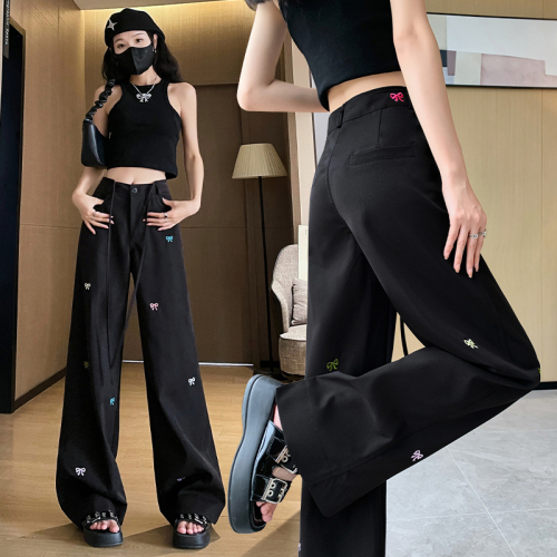 Butterfly embroidered workwear wide-leg pants for women in summer for small people, high-waisted casual straight pants, drapey floor-length trousers