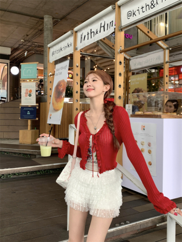 Actual shot~Spring and summer new style~Short knitted sun protection cardigan for women, thin fungus hem, slim outer top