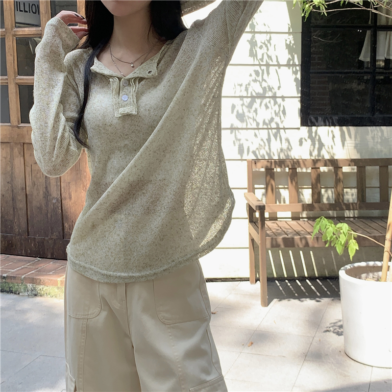 Real shot real new summer long-sleeved knitted sun protection shirt loose thin air-conditioning shirt T-shirt