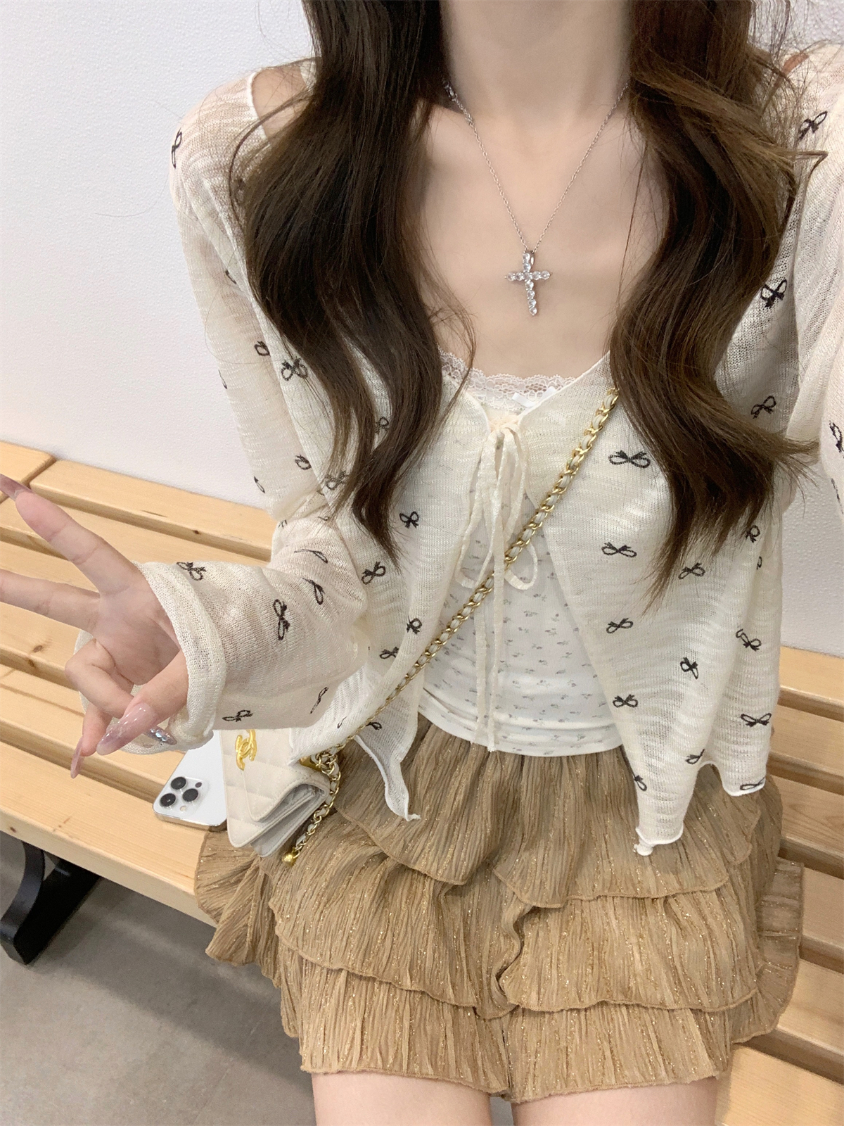 實拍 夏季韓版系帶甜美蝴蝶結開衫竹節麻防曬針織上衣外搭
