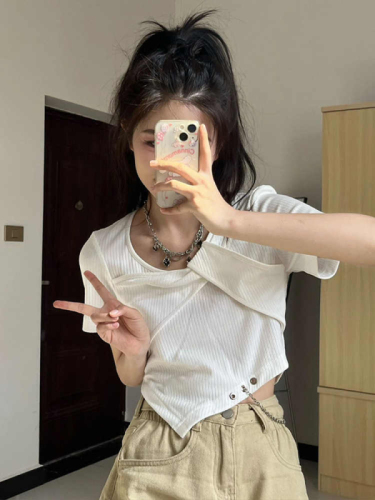 2024 New Summer Irregular Niche Design Slim Hot Girl Short Top White Short Sleeve T-shirt Women's Trendy