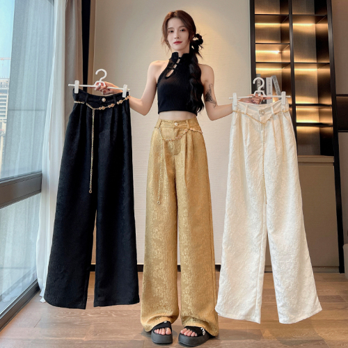 New Chinese style national style pattern pants for women in summer new style slim and versatile loose wide leg floor mopping pants