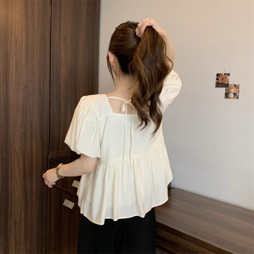 Original workmanship, large size, French square collar, short-sleeved women's summer fat mm, belly-covering, slimming, sweet puff-sleeved short top