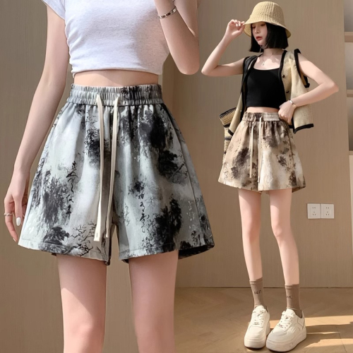 Original workmanship new Chinese style printed tie-dye shorts for women summer small high-waisted A-line wide-leg sports shorts