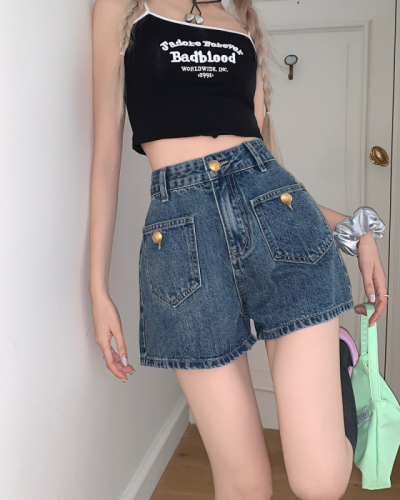 Actual shot of spring women's group simple casual retro washed jeans versatile Thai spicy high waist shorts