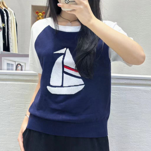 2024 summer new style round neck simple and versatile sailing thin pullover T-shirt sweater women's short-sleeved top