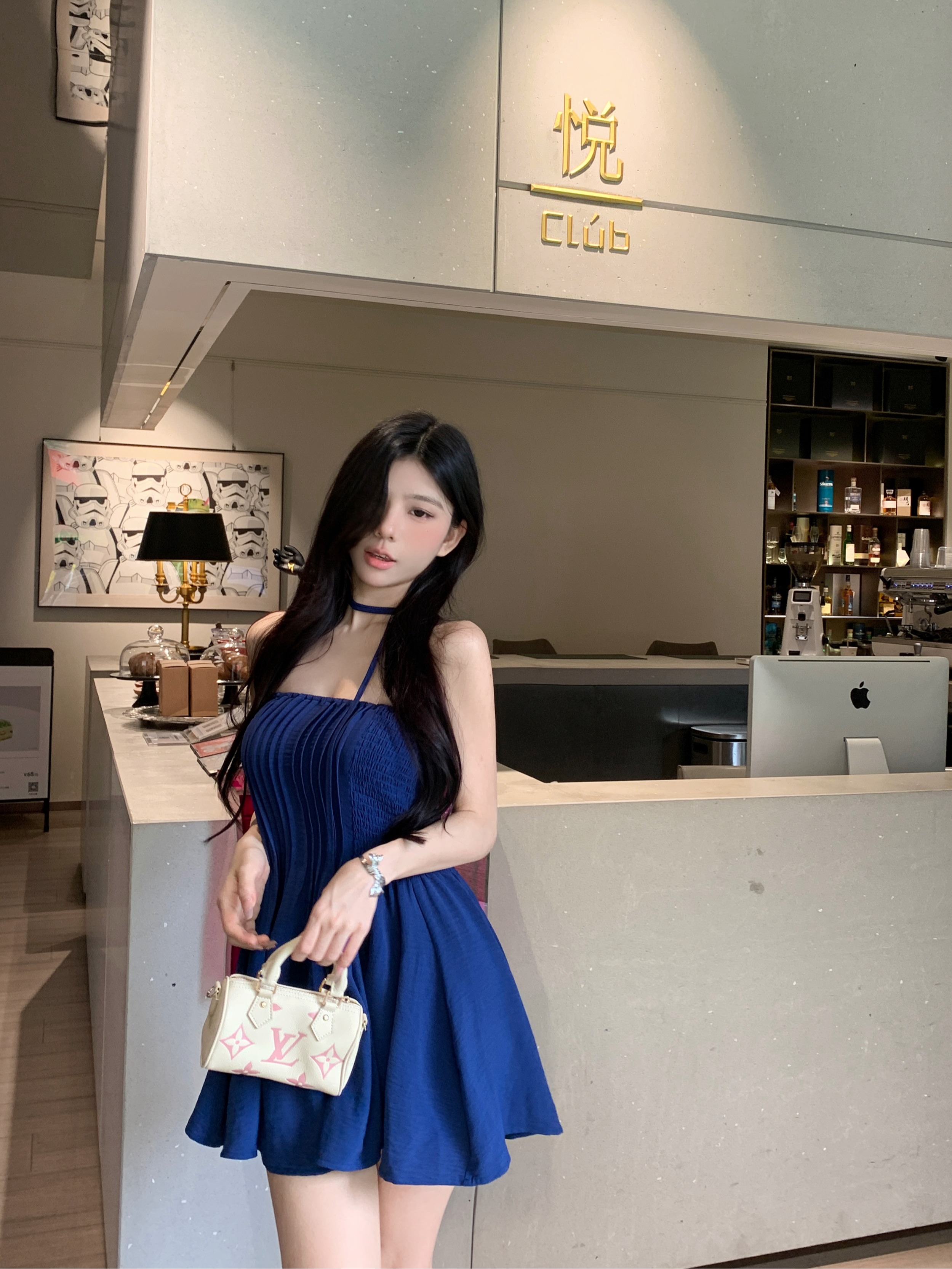 實拍 純欲辣妹布魯士藍連衣裙女法式收腰顯瘦一字肩抹胸短裙