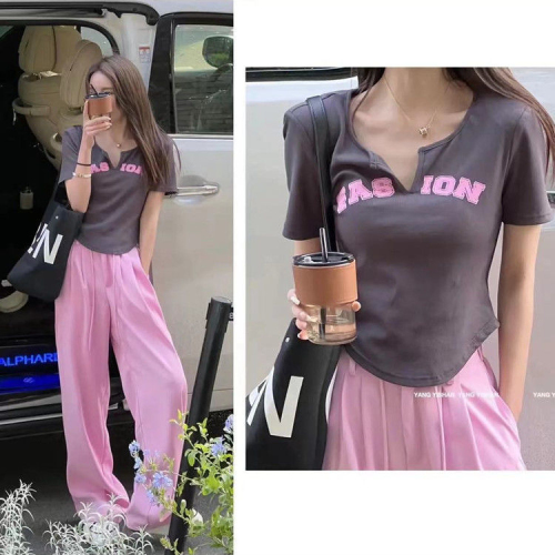 Internet celebrity suit summer new style sweet hot girl irregular short-sleeved T-shirt + casual pants wide-leg pants two-piece set for women