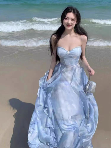 Tea break French blue suspender dress for women summer new seaside vacation beach long dress sunset fairy skirt
